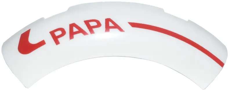Brick, Round Corner 4 x 4 without Studs with Red Curved Line and 'PAPA' Pattern Model Left Side