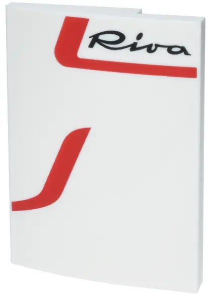 Slope, Curved 3 x 4 x 2/3 with Red Curved Lines and Black Script 'Riva' Logo Pattern Model Left Side