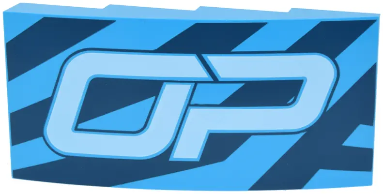 Azure Slope, Curved 8 x 4 x 1 2/3 with Dark Blue Diagonal Stripes and Stylized White 'OP' Pattern