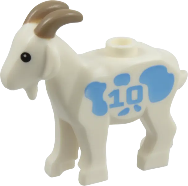 Goat with Black Eyes, Dark Tan Horns, Bright Light Blue Spots and Number 10 Pattern