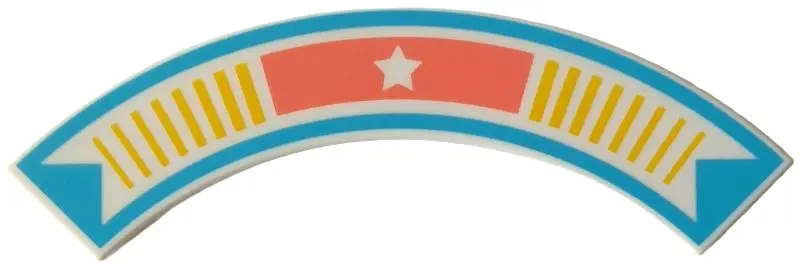 Tile, Round Corner 4 x 4 Macaroni with Coral Bar with Star between Yellow Lines, Medium Azure Frame 