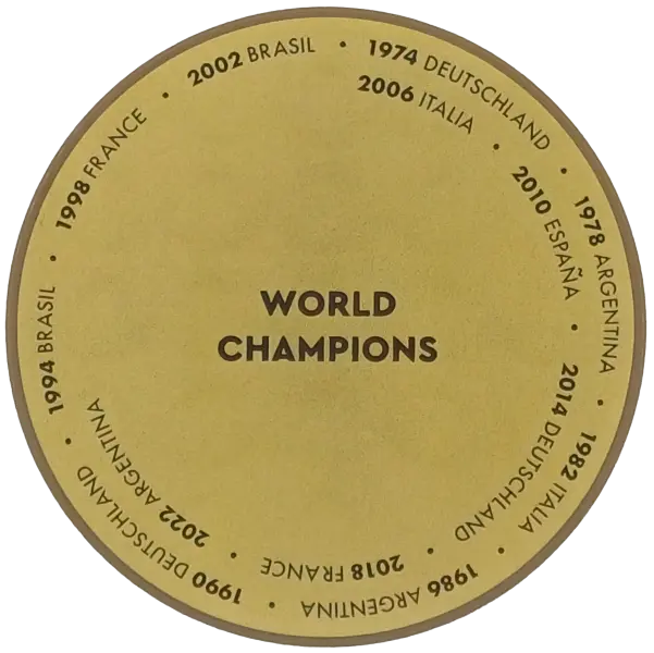Tan Tile, Round 6 x 6 with Plaque with Dark Brown 'WORLD CHAMPIONS' and World Cup Winners with Years