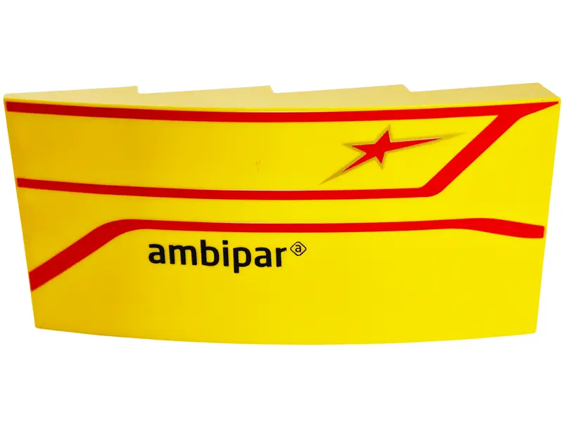 Slope, Curved 8 x 4 x 1 2/3 with Black 'ambipar', Red Star and Stripes Pattern Model Left Side