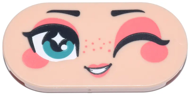 Nougat Tile, Round 2 x 4 Oval with Face, Black Eyebrows and Eyelashes, Dark Turquoise Eye, One Winki