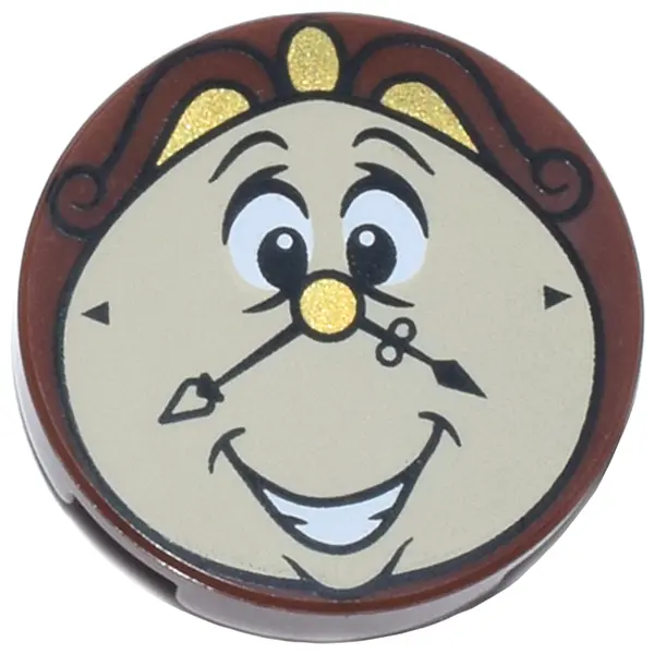 Reddish Brown Tile, Round 2 x 2 with Bottom Stud Holder with Smiling Tan Clock Face, Gold Nose and T