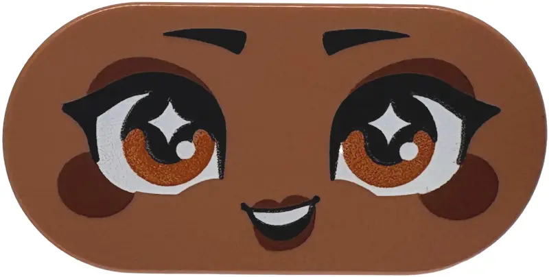 Brown Tile, Round 2 x 4 Oval with Face, Black Eyebrows and Eyelashes, Dark Orange Eyes, Dark Brown E
