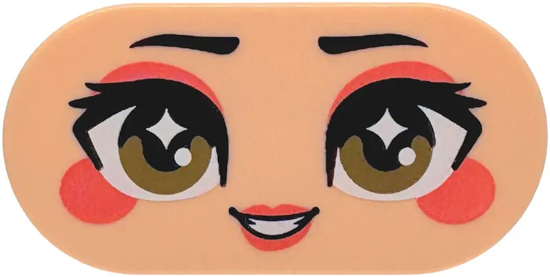 Nougat Tile, Round 2 x 4 Oval with Face, Black Eyebrows and Eyelashes, Dark Tan Eyes, Coral Eye Shad