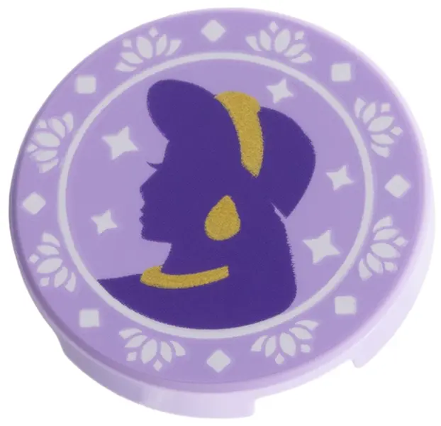 Tile, Round 2 x 2 with Bottom Stud Holder with Dark Purple and Gold Jasmine Silhouette, White Flower