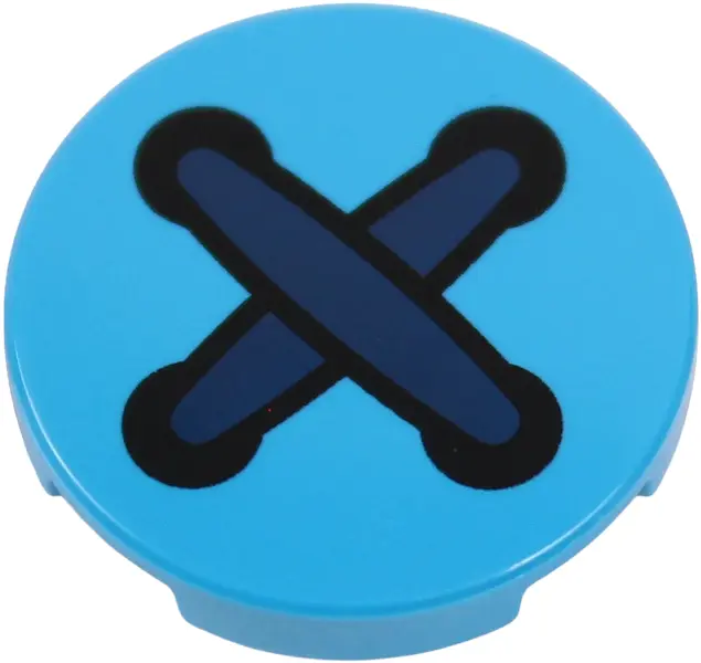 Azure Tile, Round 2 x 2 with Bottom Stud Holder with Dark Blue Crossed Stitches and 4 Black Button H