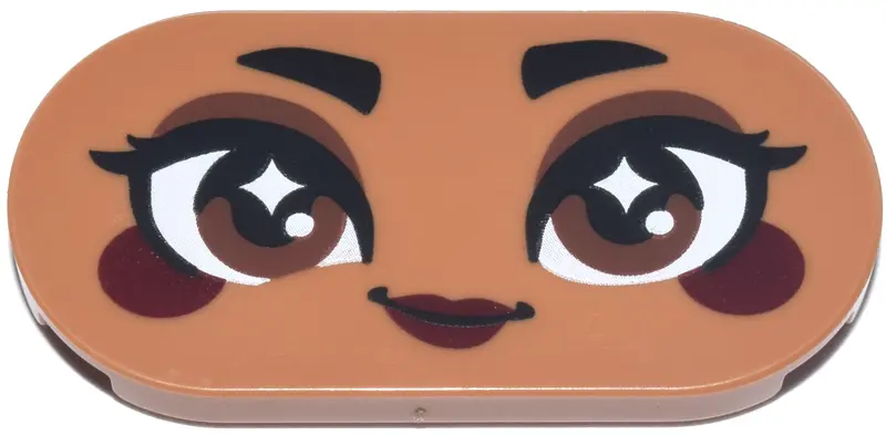 Nougat Tile, Round 2 x 4 Oval with Face, Black Eyebrows and Eyelashes, Reddish Brown Eyes and Eye Sh
