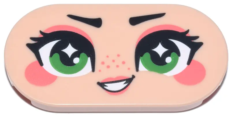 Nougat Tile, Round 2 x 4 Oval with Face, Black Eyebrows and Eyelashes, Green Eyes, Coral Eye Shadow,