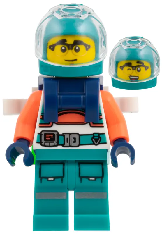 - Dark Turquoise Helmet and Legs, Coral Arms, Dark Blue Backpack