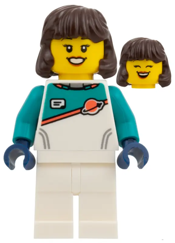 - Female, Dark Brown Hair, White Spacesuit with Dark Turquoise Panel and Sleeves