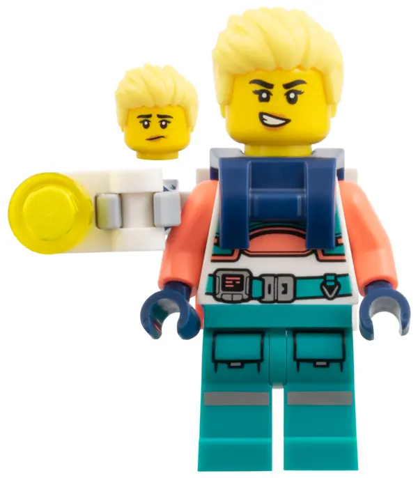 - Female, Spacesuit with Dark Turquoise Legs, Coral Arms, Backpack with Light on Armature