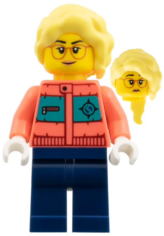 Explorer Photographer - Female, Coral Jacket, Dark Blue Legs, Bright Light Yellow Long Hair