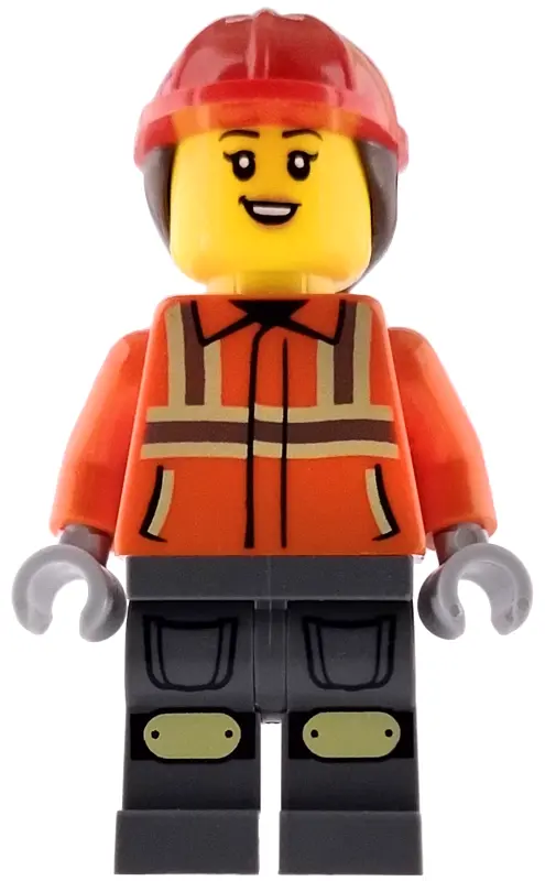 Worker - Female, Reddish Orange Safety Jacket with Reflective Stripes, Dark Bluish Gray Legs, Red Co