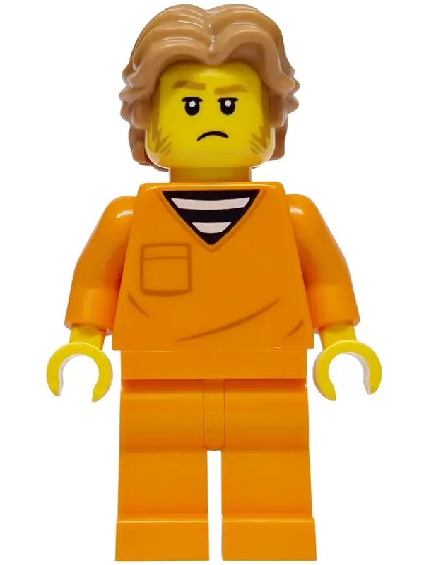 - City Jail Prisoner Male, Orange Prison Jumpsuit, Medium Nougat Wavy Hair, Sideburns, Orange Glasse