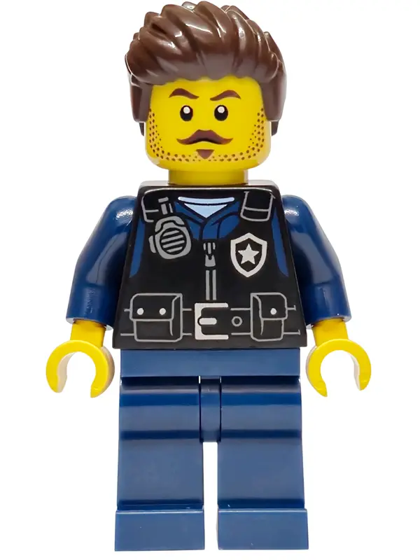 - City Officer Male, Black Safety Vest with Silver Star Badge Logo, Dark Blue Legs, Dark Brown Wavy 
