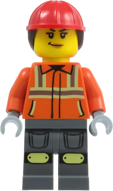 Worker - Female, Reddish Orange Safety Jacket with Reflective Stripes, Dark Bluish Gray Legs with Kn