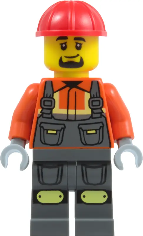 Worker - Male, Dark Bluish Gray Overalls over Reddish Orange Safety Jacket with Reflective Stripes, 