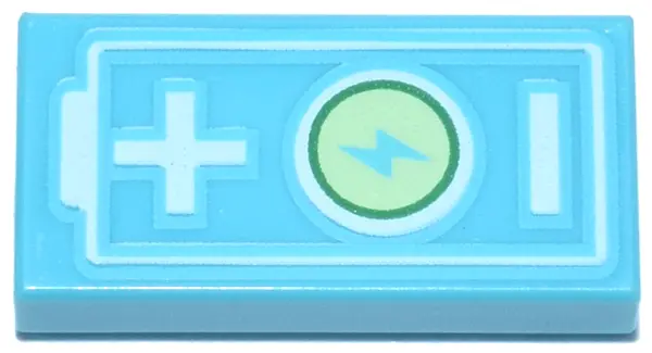 Azure Tile 1 x 2 with Electric Car Battery with Green Circle, Yellowish Green Lightning Bolt Power S