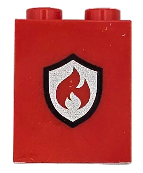 Brick 1 x 2 x 2 with Inside Stud Holder with Flames and Black and Silver Fire Logo Badge Pattern