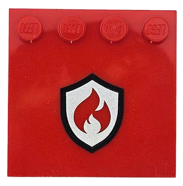 Tile, Modified 4 x 4 with Studs on Edge with Flames and Black and Silver Fire Logo Badge Pattern