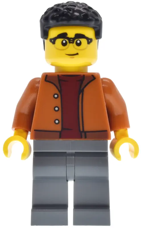 Supercar Driver - Male, Dark Orange Jacket, Dark Bluish Gray Legs, Black Coiled Hair