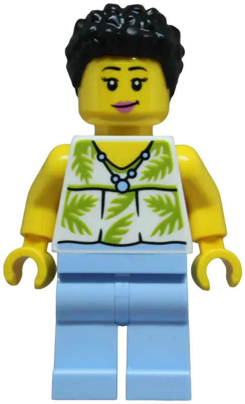 - Female, White Sleeveless Top with Lime Palm Leaves, Bright Light Blue Legs, Black Hair
