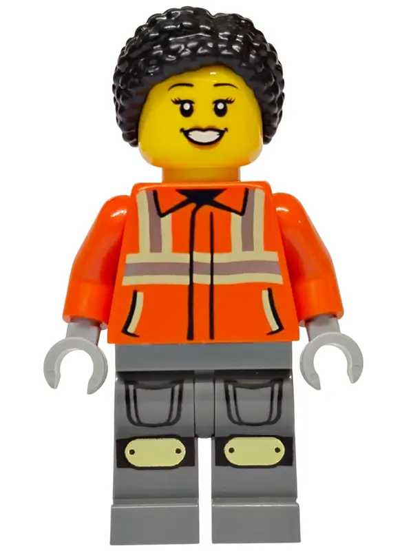Worker - Female, Reddish Orange Safety Jacket with Reflective Stripes, Dark Bluish Gray Legs with Kn