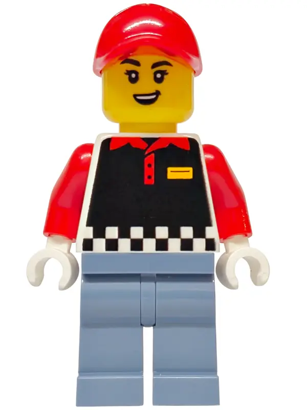 Food Truck Vendor - Female, Black Vest, Sand Blue Legs, Red Cap