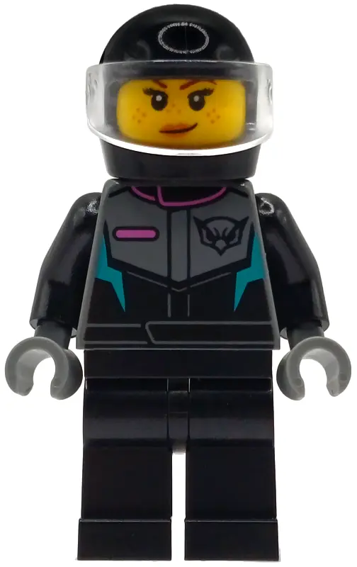 Pilot - Female, Racing Suit with Hawk Head Logo, Black Legs, Black Helmet, Trans-Clear Visor, Smirk 