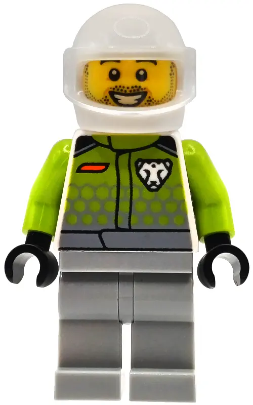 Car Driver - Male, Lime Racing Suit with Leopard Logo, Light Bluish Gray Legs, White Helmet, Trans-C