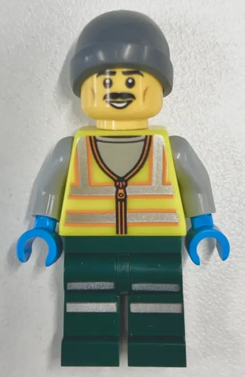 Driver - Male, Neon Yellow Safety Vest with Reflective Stripes, Dark Green Legs with Reflective Stri