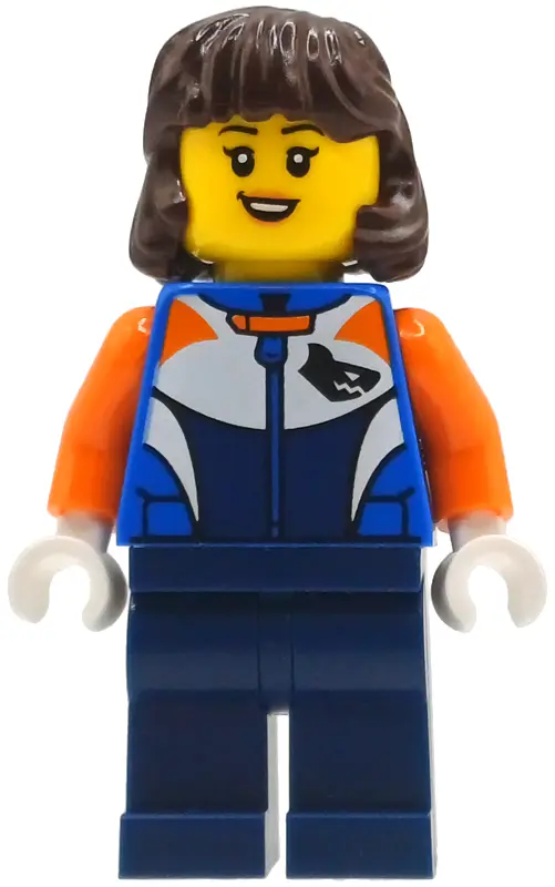 Racer - Female, Racing Suit with Shark Head Logo, Dark Blue Legs, Dark Brown Hair Mid-Length