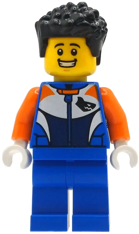 Racer - Male, Racing Suit with Shark Head Logo, Blue Legs, Black Hair Short