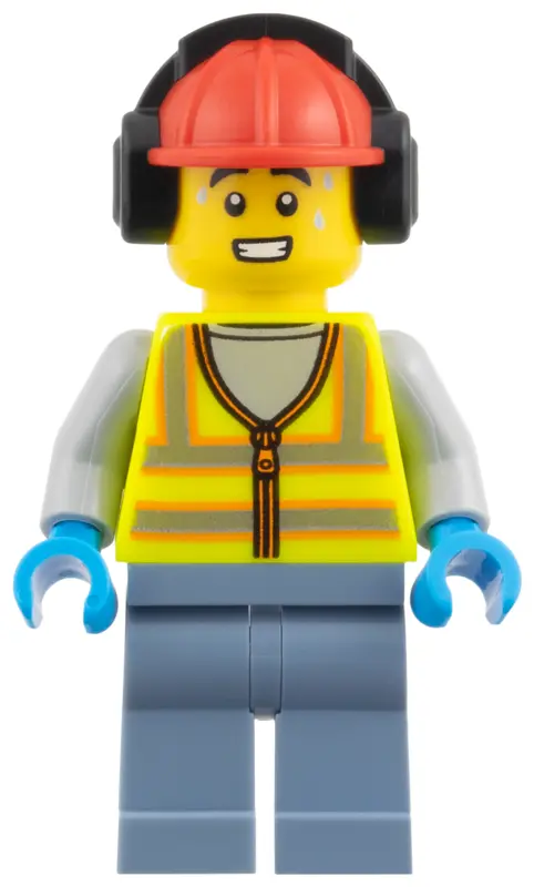 Worker - Male, Neon Yellow Safety Vest with Reflective Stripes, Sand Blue Legs, Red Construction Hel