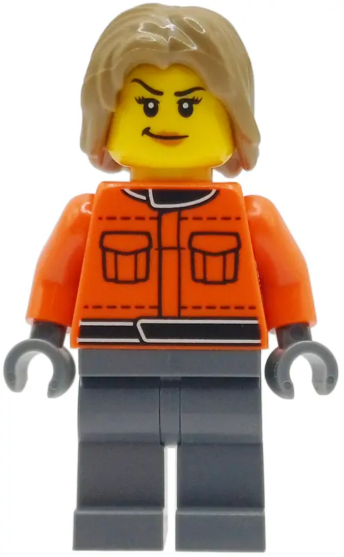 1 Pit Crew Member - Female, Reddish Orange Racing Suit with Pockets, Dark Bluish Gray Legs, Dark Tan