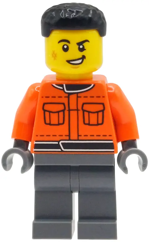 1 Pit Crew Member - Male, Reddish Orange Racing Suit with Pockets, Dark Bluish Gray Legs, Black Hair
