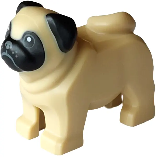 Dog, Pug with Molded Black Face and Ears and Printed Dark Bluish Gray Eyes, Mouth, Nose and Whiskers