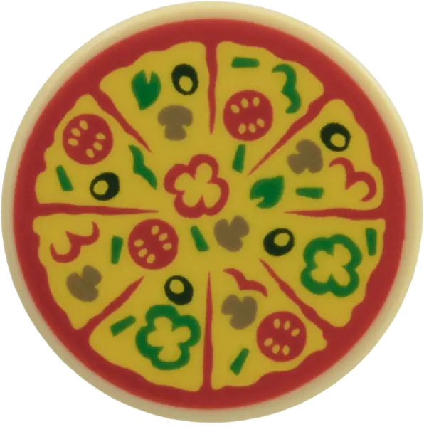 Tile, Round 2 x 2 with Bottom Stud Holder with Sliced Pizza with Red Tomato Sauce and Tomatoes, Yell