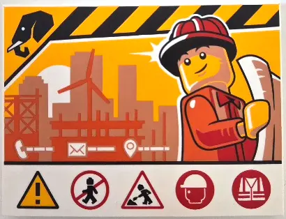 Tile 6 x 8 with Construction Site Sign with Worker Minifigure, Nougat and Reddish Orange Buildings, 