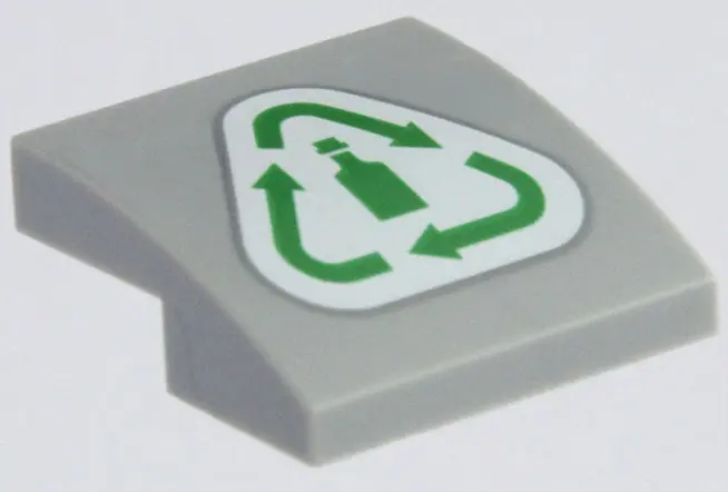 Bluish Gray Slope, Curved 2 x 2 x 2/3 with Green Recycling Arrows and Bottle on White Background Pat