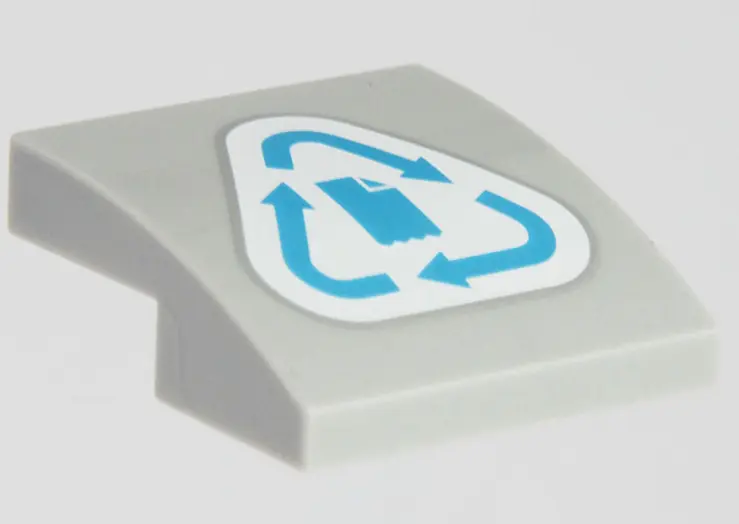 Bluish Gray Slope, Curved 2 x 2 x 2/3 with Dark Azure Recycling Arrows and Paper on White Background