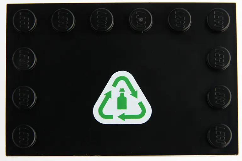 Tile, Modified 4 x 6 with Studs on Edges with Green Recycling Arrows and Bottle on White Background 