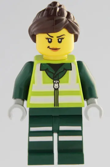 Worker - Female, Lime Safety Jacket with Reflective Stripes, Dark Green Legs with Reflective Stripes
