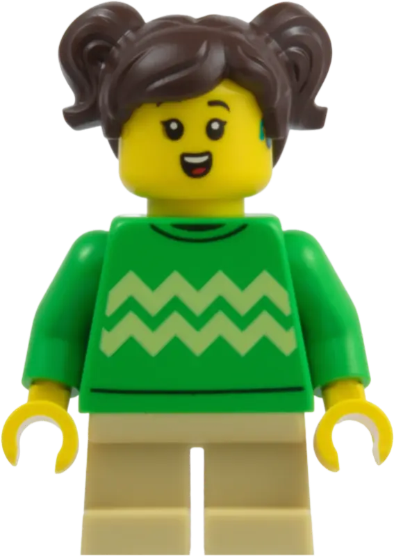 - Girl, Bright Green Sweater with Bright Light Yellow Zigzag Lines, Hearing Aid, Tan Short Legs, Dar