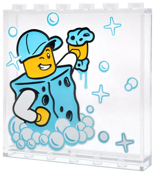 Panel 1 x 6 x 5 with Car Wash Minifigure with Costume, Medium Azure Hat, White Soap Bubbles and Spar