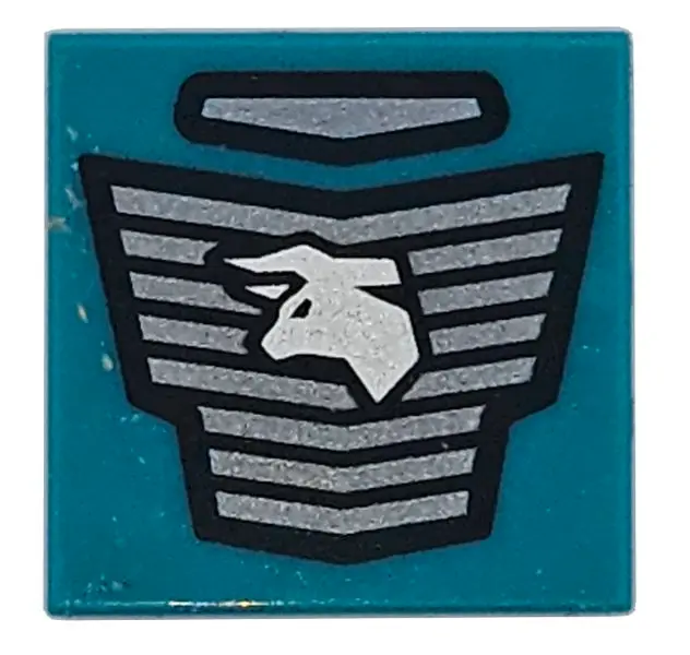 Turquoise Tile 2 x 2 with Black and Dark Bluish Gray Vehicle Grille and White Bull Pattern