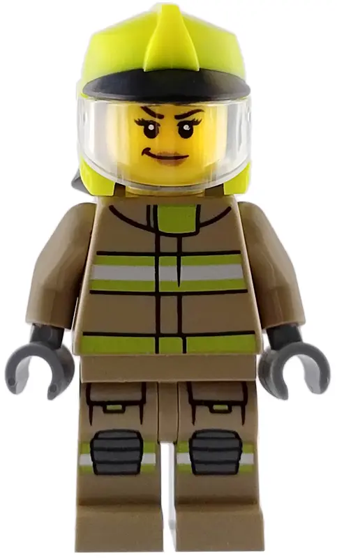 - Female, Dark Tan Jacket and Legs with Reflective Stripes, Neon Yellow Fire Helmet, Trans-Clear Vis